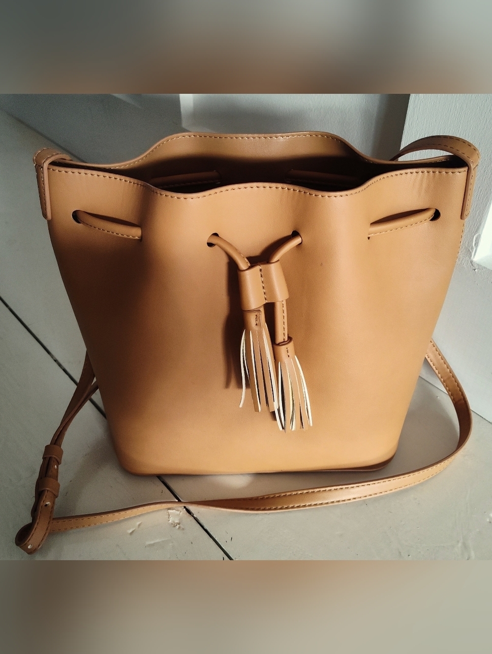 NWT J. Crew Camel Leather Crossbody Bucket Shoulder Bag